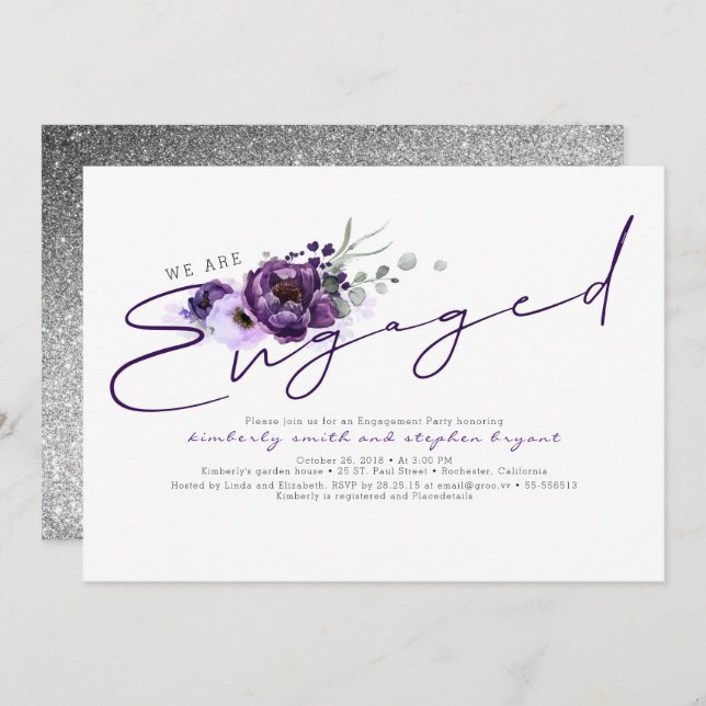 We Are Engaged Purple Flowers Engagement Party Invitation (Front/Back)