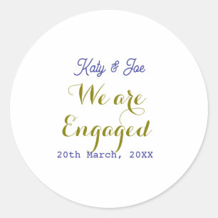 We are Engaged purple gold name date elegant simpl Classic Round Sticker