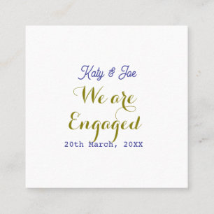 We are Engaged purple gold name date elegant simpl Square Business Card