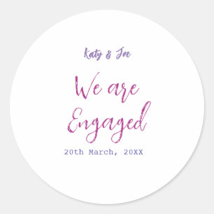 We are Engaged purple pink name date elegant simpl Classic Round Sticker