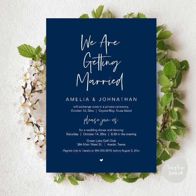 We are getting married, Elopement Dinner Dancing Invitation (We are getting married, Elopement Dinner Dancing Lunch Brunch Invitation Card, PDF, Navy Blue)