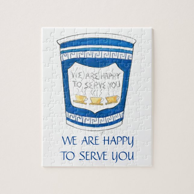 We Are Happy to Serve You Greek Coffee Cup Puzzle (Vertical)