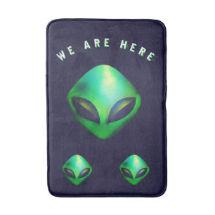"We Are Here" Green Alien head Bath Mat