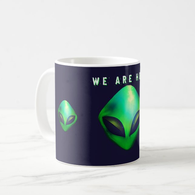 "We Are Here" Green Alien head Coffee Mug (Front Left)