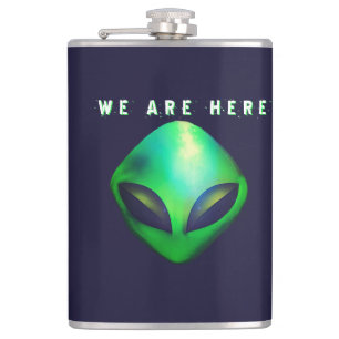 "We Are Here" Green Alien head Hip Flask