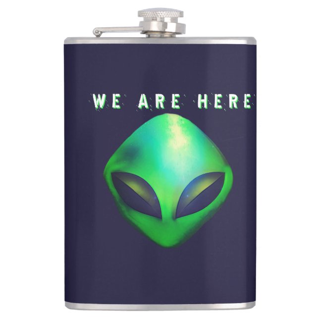 "We Are Here" Green Alien head Hip Flask (Front)