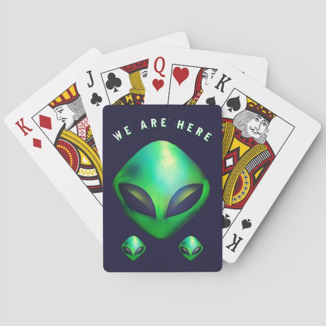 "We Are Here" Green Alien head Playing Cards (Back)