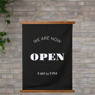 We Are Now Open Black & White Business Hour Sign Hanging Tapestry