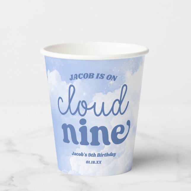 We Are On Cloud Nine Blue 9th Ninth Birthday Party Paper Cups (Front)