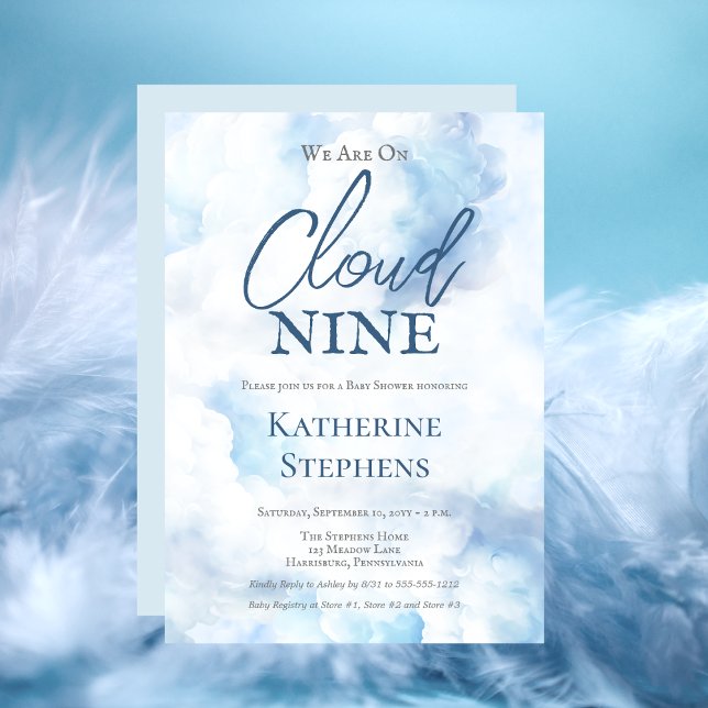 We Are On Cloud Nine Blue Boy Baby Shower Invitation ("We Are On Cloud Nine" Blue Watercolor Boy Baby Shower Invitation)