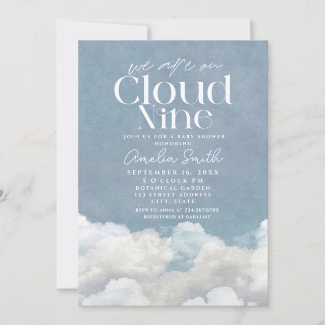 We are on Cloud Nine dusty Blue Cloud Baby Shower Invitation (Front)