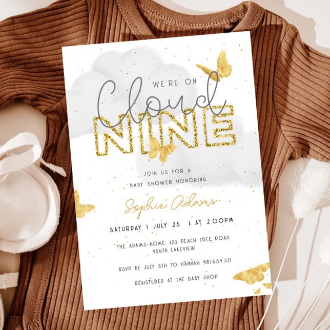 We Are On Cloud Nine Gold Butterflies Baby Shower Invitation (Creator Uploaded)