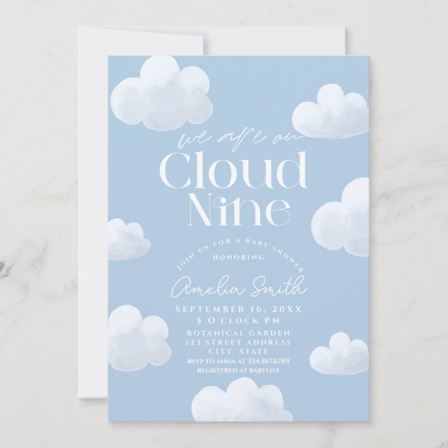 We are on Cloud Nine Modern Blue Cloud Baby Shower Invitation (Front)