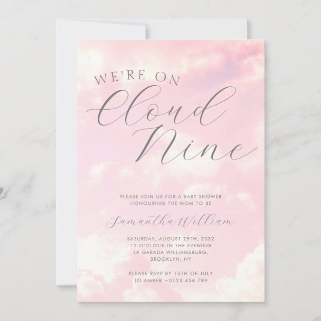 We Are On Cloud Nine Pink Clouds Baby Shower Invitation (Front)