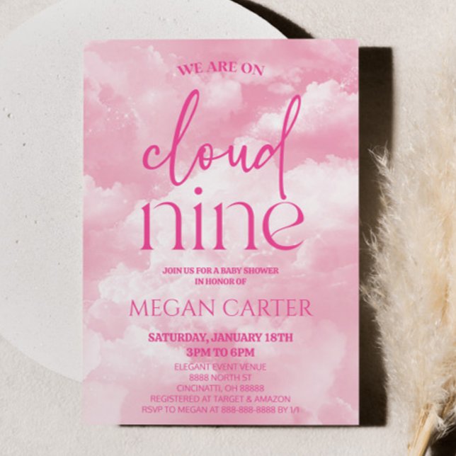 We Are On Cloud Nine Pink Clouds Baby Shower Invitation (Creator Uploaded)