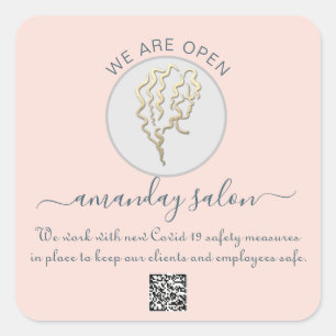 We Are Open Beauty Salon Hair Logo Rose  QR CODE Square Sticker