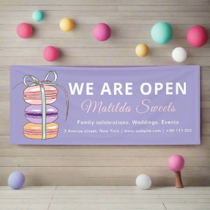We are Open Pastry Chef Macaroon Purple Business Banner