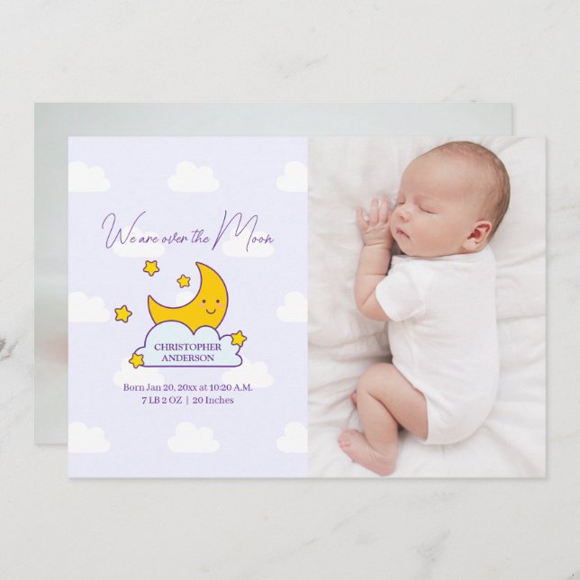 We Are Over The Moon 2 Photo Birth Announcement (Front/Back)