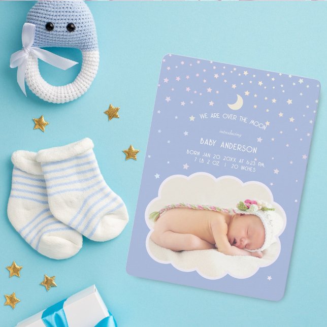 We Are Over The Moon and Stars Baby Photo Birth Announcement (Creator Uploaded)