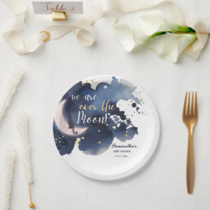 We are over the moon baby shower blue  paper plate