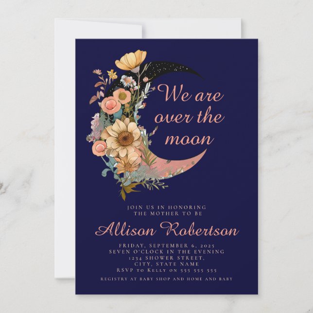 We Are Over The Moon Blue Floral Girl Baby Shower  Invitation (Front)