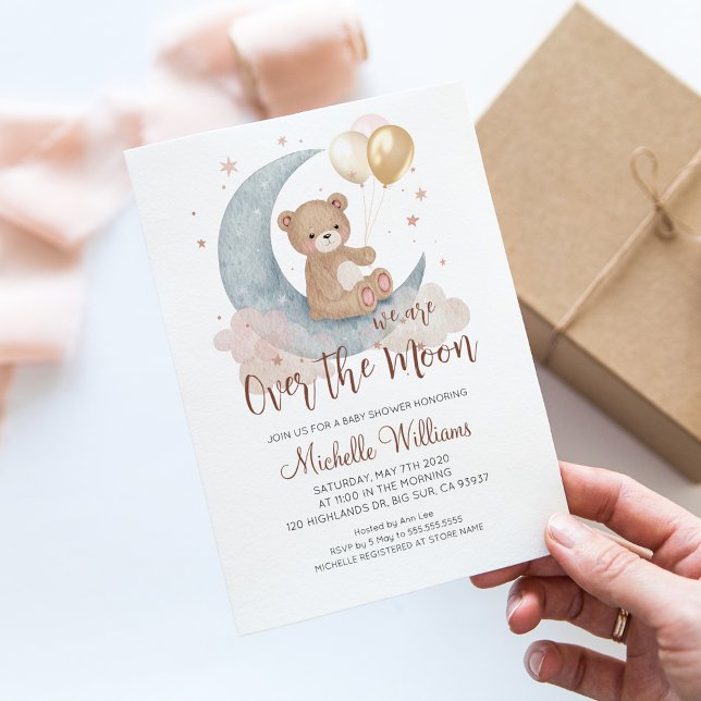We Are Over The Moon Teddy Bear Baby Shower Invitation (Creator Uploaded)
