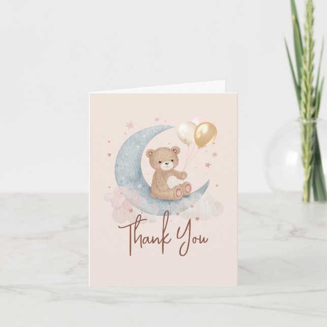We Are Over The Moon Teddy Bear Baby Shower Thank You Card (Front)