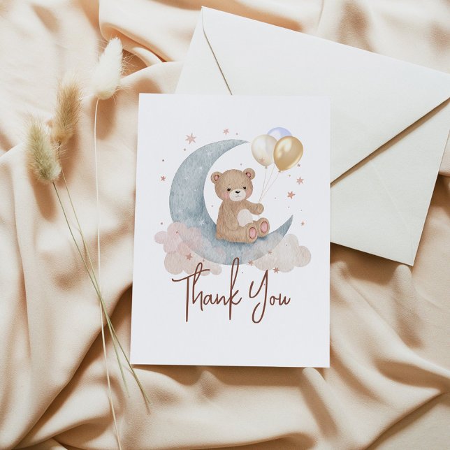 We Are Over The Moon Teddy Bear Baby Shower Thank You Card (Creator Uploaded)