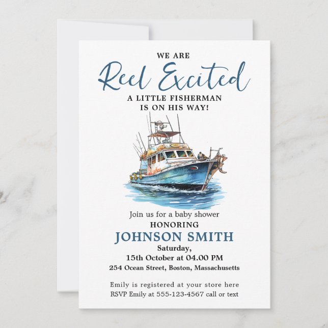 We Are Reel Excited Watercolor Fishing Baby Shower Invitation (Front)