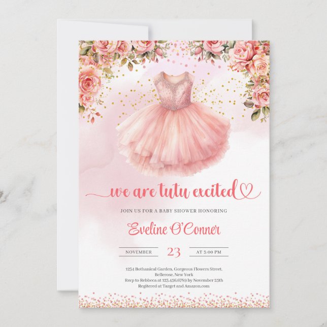 We are tutu excited ballerina dress pink and gold  invitation (Front)