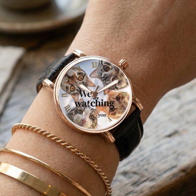 We Are Watching You Funny Cats Custom Watch (Funny cat wrist watch featuring 4 cute kitties "watching" you. Great for a crazy cat lady.)