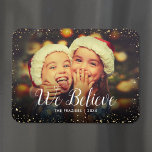 We Believe | Glitz Faux Glitter Photo Overlay Magnet<br><div class="desc">Custom printed holiday photo magnets with a simple template for customisation. This chic modern design has a faux glitter confetti border and stylish calligraphy text. The wording says "We Believe". Personalise it with your photos and add your family name and the year. Use the design tools to edit the text,...</div>