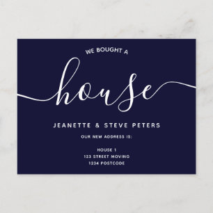 We bought a house navy blue simple script moving announcement postcard