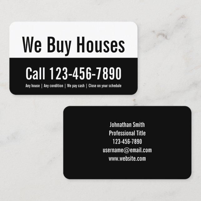 We Buy Houses Black and White Real Estate Investor Business Card (Front/Back)