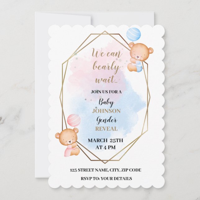 We can barely wait bear theme gender reveal invitation (Front)