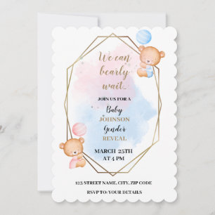 We can barely wait bear theme gender reveal invitation