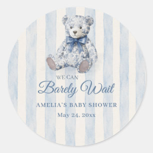 We Can Barely Wait Blue Teddy Baby Shower Classic Round Sticker