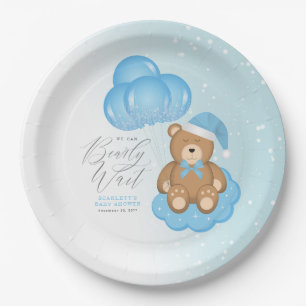 We Can Barely Wait Sleepy Bear Balloon Baby Shower Paper Plate