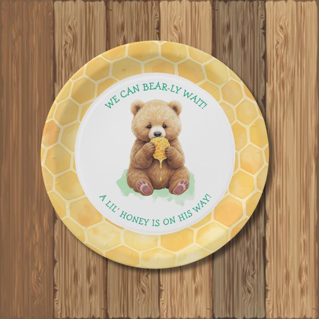 We Can Bear-ly Wait! Bear and Honey Baby Shower Paper Plate (Creator Uploaded)