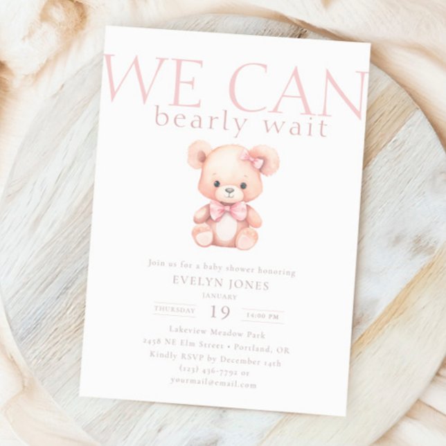 We Can Bearly Pink Girl Bear Baby Shower Invitation (Creator Uploaded)