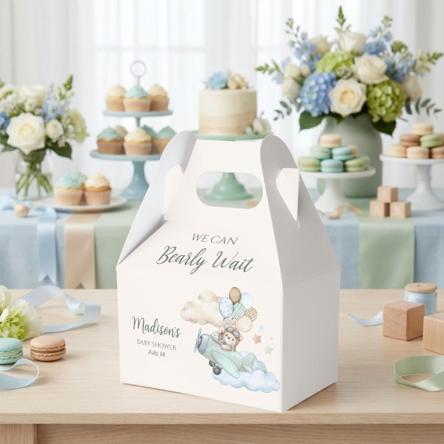 We Can Bearly Teddy Bear Aeroplane Baby Shower Favour Box (Aviator Teddy Bear Baby Shower Gable Box. Blue Boy Airplane. We Can Bearly Wait.)