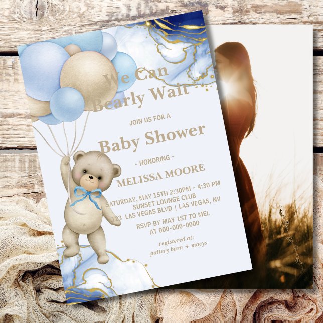 We can bearly wait abstract blue gold photo invitation (Creator Uploaded)