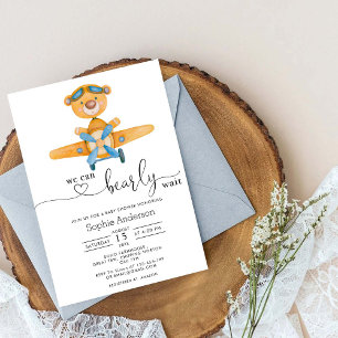 We Can Bearly Wait Aeroplane Bear Boy Baby Shower Invitation