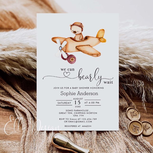 We Can Bearly Wait Aeroplane Teddy Bear Baby Showe Invitation (Creator Uploaded)
