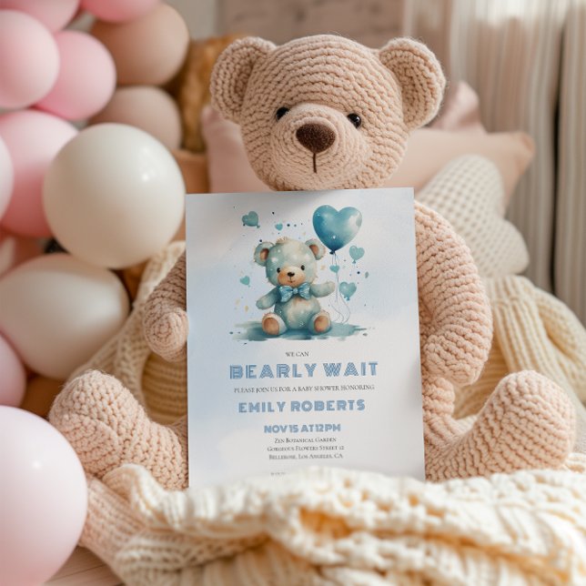 We Can Bearly Wait Baby Blue Teddy Bear Thank You Card (Creator Uploaded)