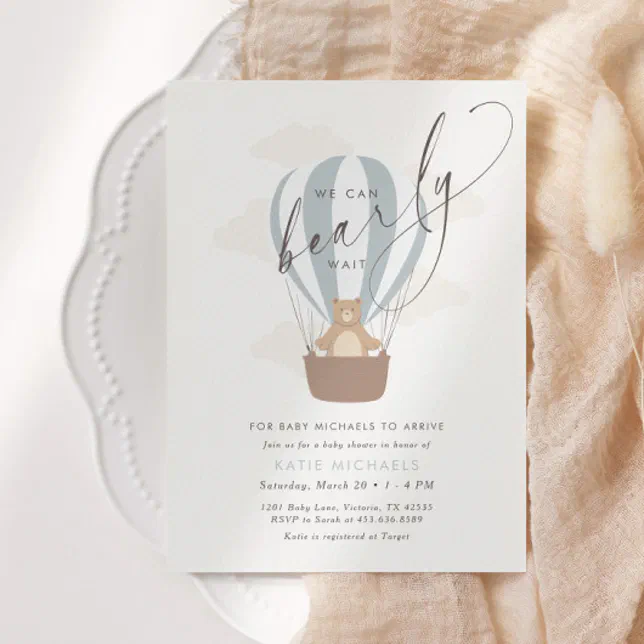 We Can Bearly Wait | Baby Boy Blue Balloon Shower Invitation | Zazzle
