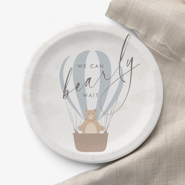 We Can Bearly Wait | Baby Boy Blue Balloon Shower  Paper Plate (Creator Uploaded)