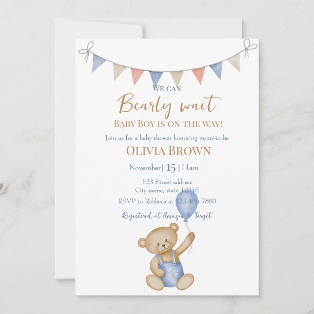We Can Bearly Wait Baby Boy Shower Invitation (Front)