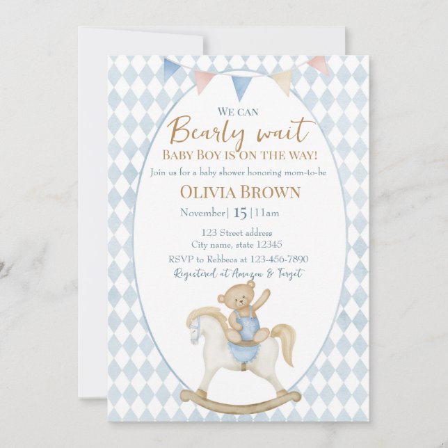 We Can Bearly Wait Baby Boy Shower Invitation (Front)