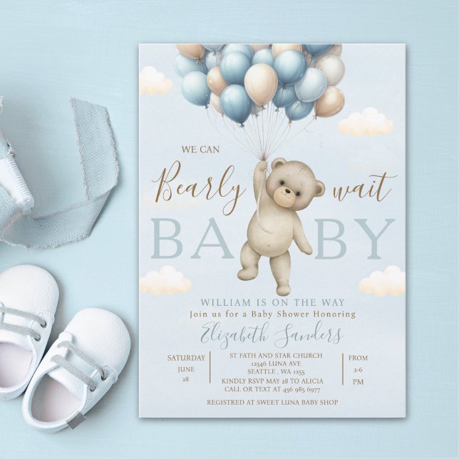 We Can Bearly Wait Baby Cute Bear Baby Shower Boy Invitation (Creator Uploaded)